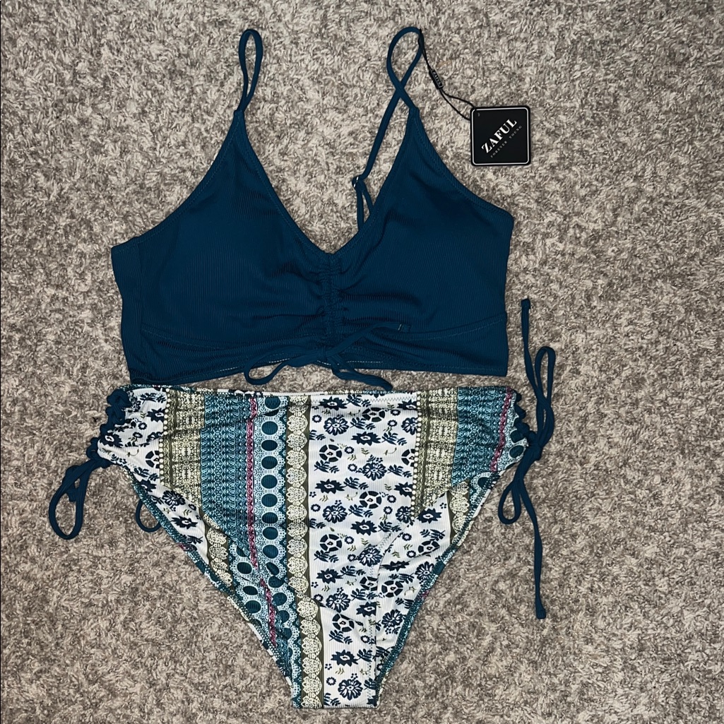 Zaful Teal Ribbed Crop Bikini Top With Patterned High-Waist Bottoms